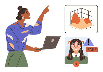 Woman pointing while holding a laptop, analyzing graph, identifying fake content with face recognition. Ideal for technology, AI research, data analysis, cybersecurity, innovation, digital safety