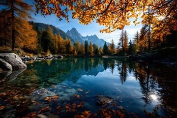 Obraz premium Herbstbäume am klaren Bergsee mit Alpenpanorama 