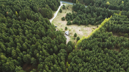 Green pine trees and camper from above