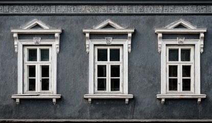 Obraz premium Three antique-style windows on a gray stucco facade