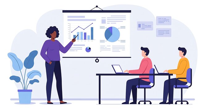 Business Meeting Presentation with Data Charts and People Working Together - Powered by Adobe