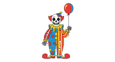 Colorful Skeleton Clown Holding a Red Balloon, Wearing a Striped and Polka-Dotted Costume.