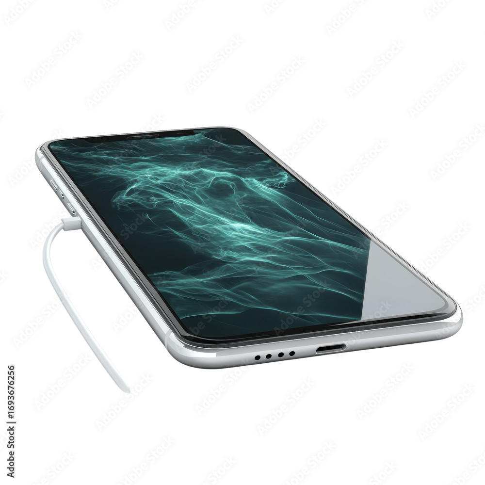 Poster Smartphone charging with a white cable displaying a blue abstract wave pattern on its screen showcasing modern technology and sleek design on transparent background