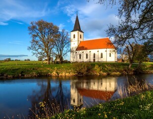 Obraz premium Church by a river, reflecting in still water