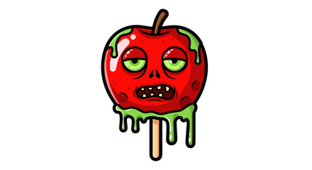 A spooky cartoon zombie candy apple with a menacing face and dripping green slime.