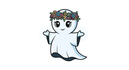 Cute Cartoon Ghost with Flower Crown and Open Arms.