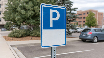 Parking sign in an urban parking lot with parked cars.