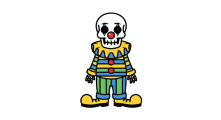 Cartoon Skull Clown Character in Colorful Striped Outfit and Yellow Shoes.
