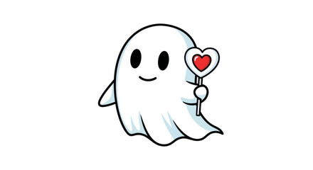 Cute Cartoon Ghost Holding a Heart-Shaped Lollipop.