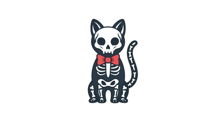 Skeletal Cat with Red Bow Tie, Cute Halloween Design.