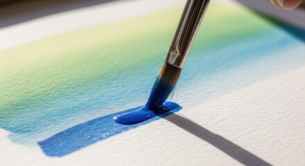 Close up of a paintbrush applying deep blue watercolor paint onto textured white paper in a bright studio setting.