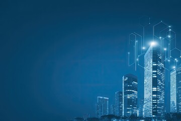 City skyline at night, overlaid with digital network lines