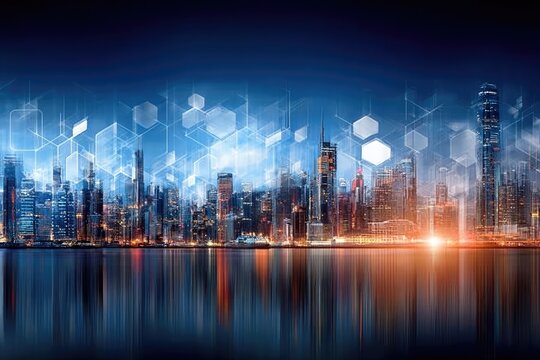 Futuristic city skyline at night, overlaid with digital network