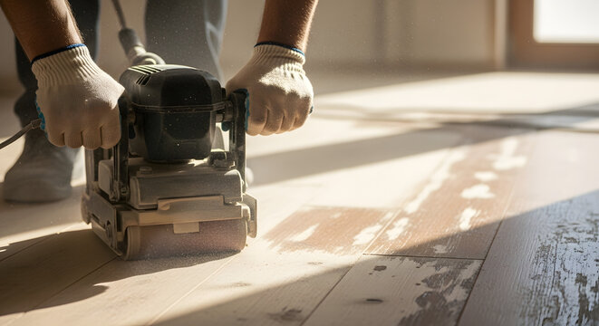 Skilled worker in protective gloves uses a powerful belt sander to refinish an old hardwood floor, preparing the surface for renovation