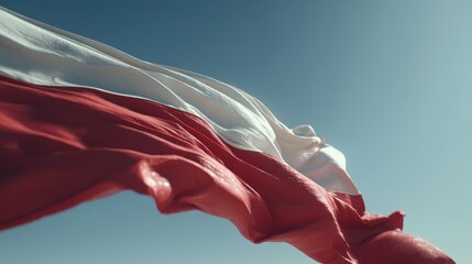 Majestic Polish Flag Waving Gracefully Against a Clear Blue Sky