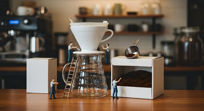 Coffee brewing setup with miniature figures