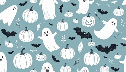 Whimsical Halloween pattern with cute ghosts, playful bats, and festive pumpkins on a blue background