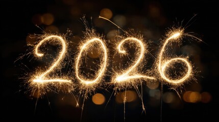 Sparkling 2026 written with golden light trails on a dark background, celebrating New Year's Eve