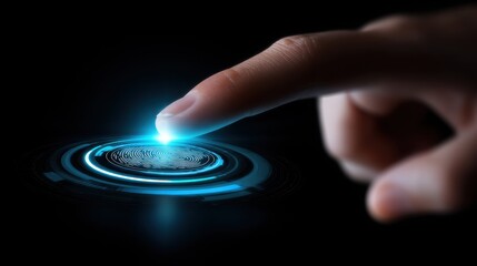 A glowing fingerprint biometrics interface is activated by a finger touch, symbolizing technology and security.