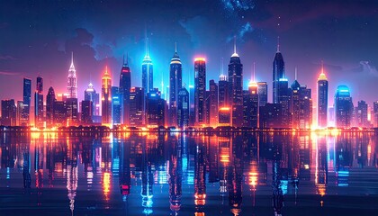 Vibrant cityscape skyline at night, reflected in water. Neon lights illuminate modern skyscrapers
