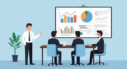 Business presentation with charts and graphs by professional team members