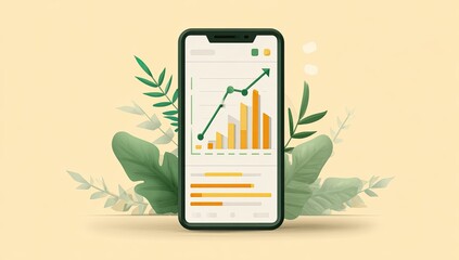 Smartphone displaying growth chart surrounded by foliage