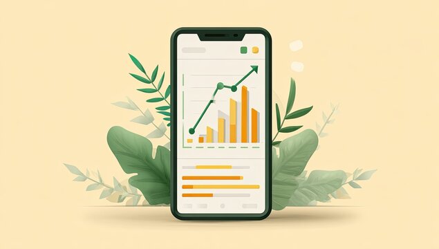 Smartphone displaying growth chart surrounded by foliage