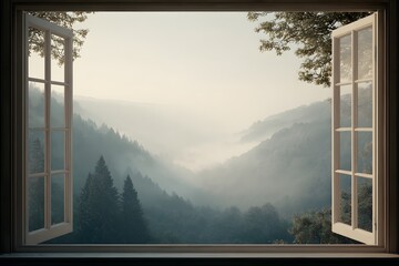 open window with a view of a valley and forest in the morning light