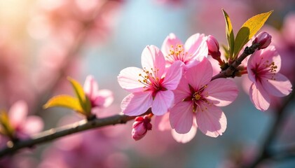 Fototapeta premium Close-up of vibrant spring blossoms gently swaying in a soft breeze, sunlight illuminating delicate petals; a feeling of renewal and fresh air , floral, green, life