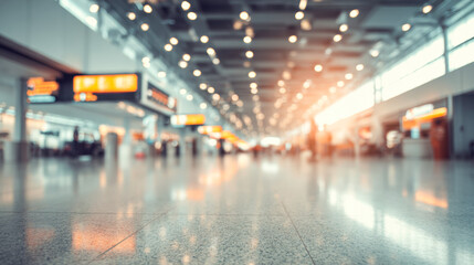 Blurred view of an airport terminal bustling with passengers during flight departures