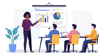 Business presentation with diverse team discussing graphs and charts illustration