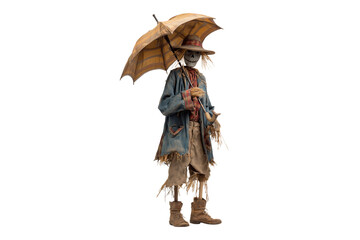A Halloween scarecrow holding a broken umbrella, isolated on a transparent background.