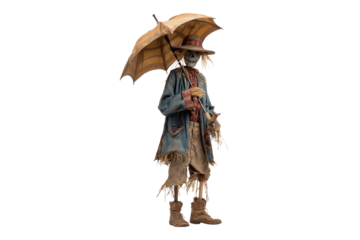 A Halloween scarecrow holding a broken umbrella, isolated on a transparent background.