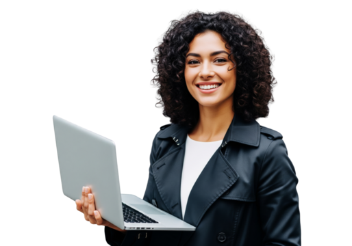 Young businesswoman holding laptop isolated on white or transparent background