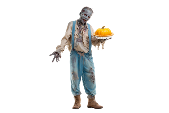 A Halloween zombie holding a pumpkin pie, isolated on a transparent background.