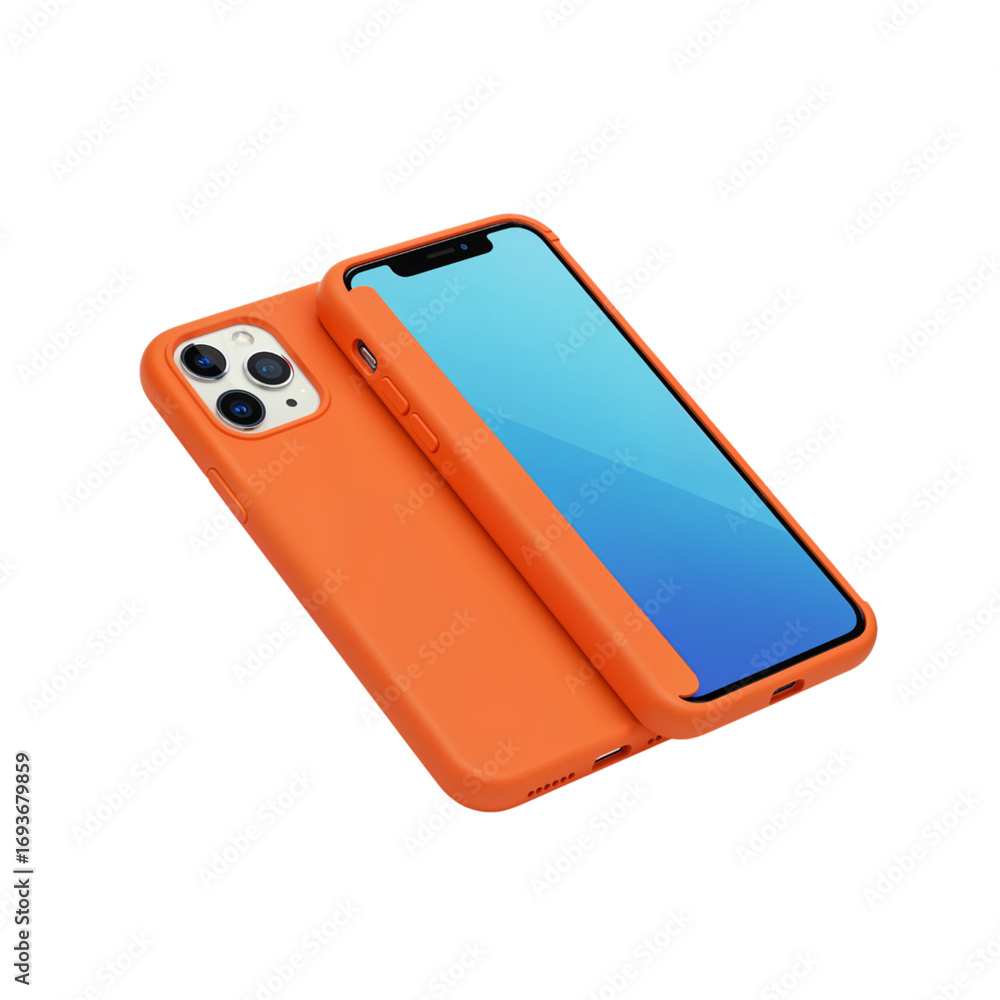 Poster vibrant orange smartphone case and device presentation on a solid background transparent background