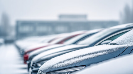 Snow-covered cars in a parking lot during a winter morning