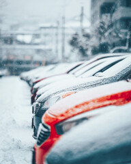 Snow-covered cars lined up in a parking lot during a winter morning