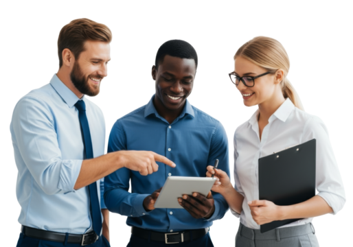 Group of people talking together, and working on tablet isolated on transparent background - Powered by Adobe