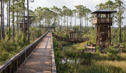 Wooden boardwalk through a pine forest with observation towers