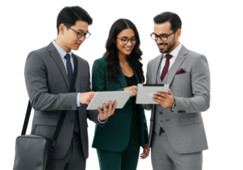 Group of people talking together, and working on tablet isolated on transparent background