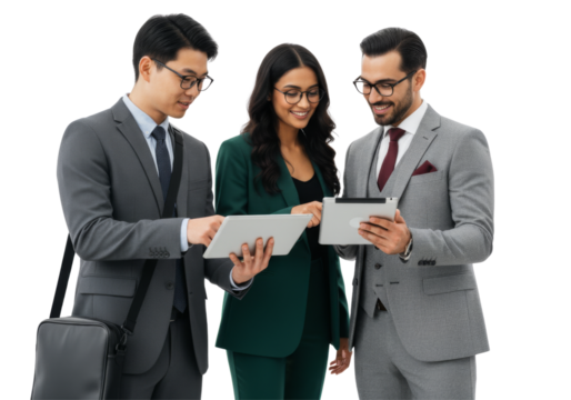 Group of people talking together, and working on tablet isolated on transparent background