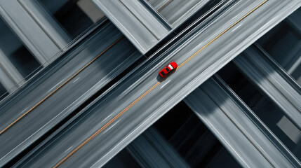 Obraz premium Unique bird's-eye view of a red car navigating through intersecting highways at dawn