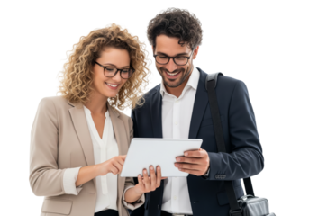young business woman and business man holding tablet and working together isolated on white or transparent background