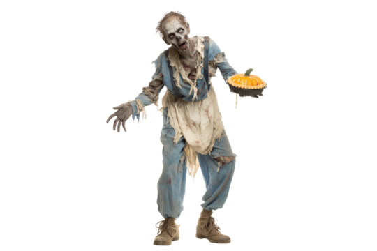 A Halloween zombie holding a pumpkin pie, isolated on a transparent background.