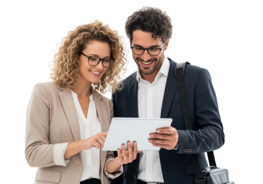 young business woman and business man holding tablet and working together isolated on white or transparent background
