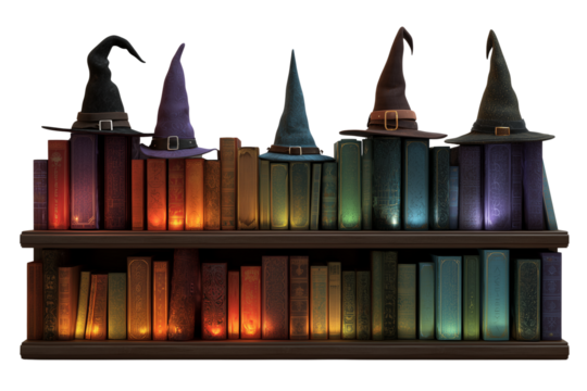 A Halloween witch’s library bookshelf with glowing books, isolated on a transparent background.