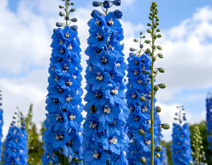 Striking blue delphinium flowers blooming in a sunny outdoor garden