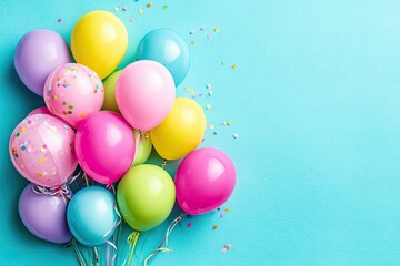 Colorful balloons in pastel hues cluster on light teal background, with confetti