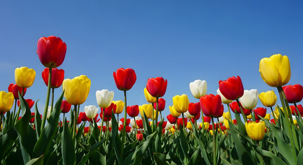 Vibrant tulip field under a clear blue sky displaying a colorful array of red yellow and white blooms in a springtime garden landscape